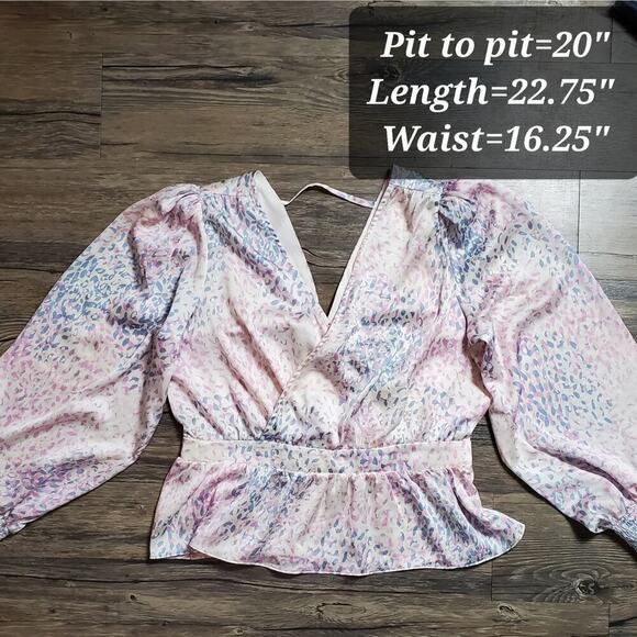 Express Women Chiffon Pastel Balloon Sleeves Wrap Babydoll Top Size Large Whimsy - Picture 4 of 10